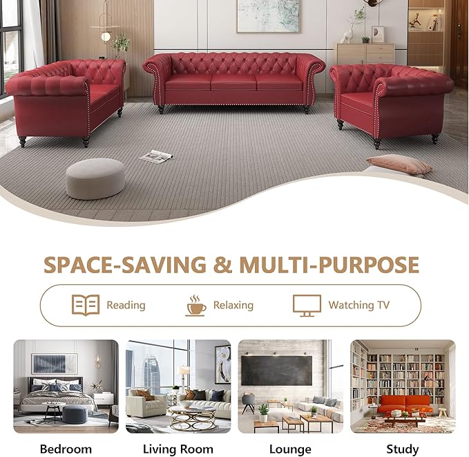Chesterfield 3 Seater Sofa Modern Leather Tufted Couch 3 Seater with Rolled Arms and Nailhead Mid-Century Upholstered Couch for Living Room Bedroom Apartment and Office Claret