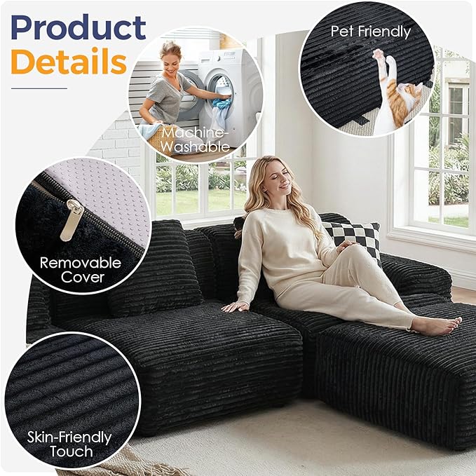 VK·LIVING 113 Cloud Sectional Couch Deep Seat Boneless Sofa with Wide Armrests 16.5'' Height Modular Plush Corduroy Memory Foam Couch for Living Room Office No Assembly Black