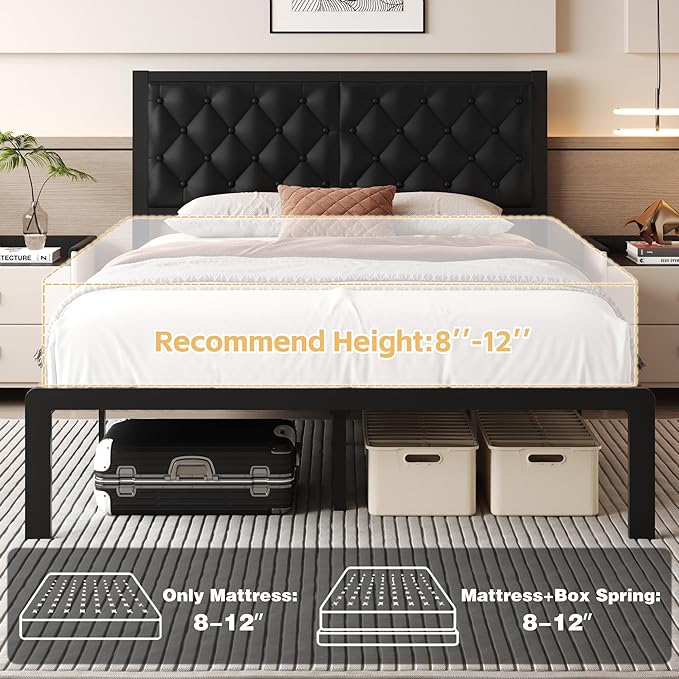 Queen Bed Frame with Headboard PU Leather Upholstered Bed Frame PlatformAll Metal Slats Support Platform Bed Frame with Storage SpaceEasy AssemblyNoise FreeNo Box Spring NeededBlack