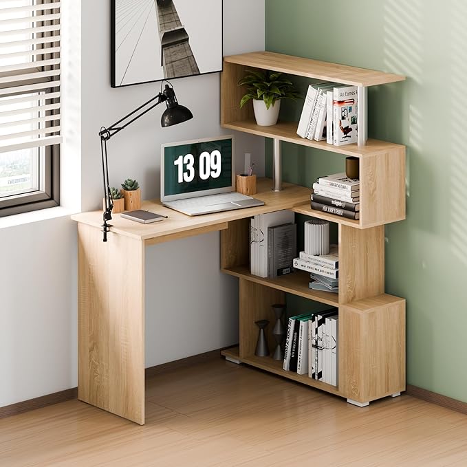 L Shaped Computer Desk Corner Desk 360 Degree Rotatable Space Saving Table with Spacious Storage for Home Office Workstation Study 157 x 45 x 130.5 cm Oak