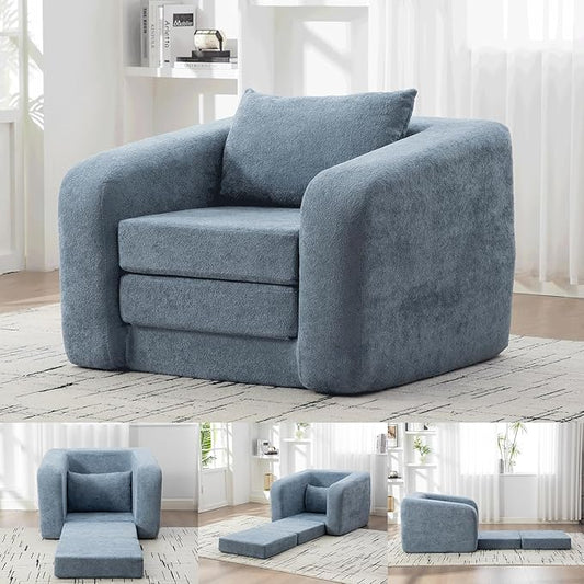 40 Folding Sofa Bed 2 in 1 Convertible Futon Sleeper Chair with Armrest &amp Backrest Comfy Chenille Cloud Floor Couch Single Sofa Chair Lounge for Living Room Bedroom (Light Blue)