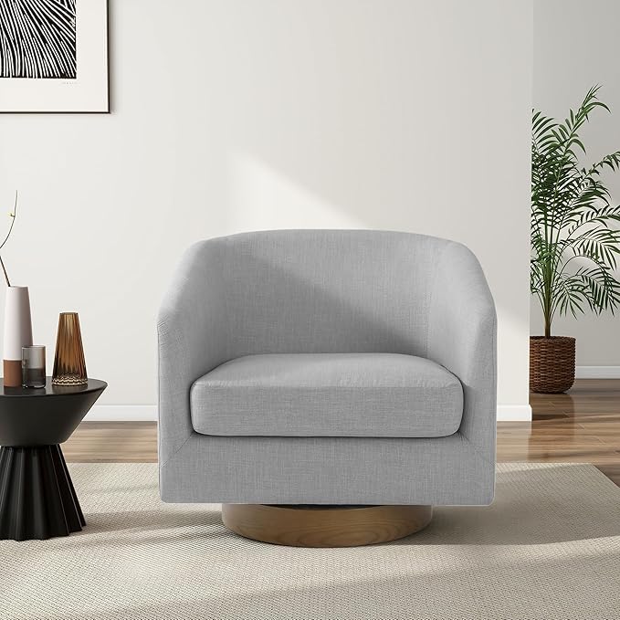 Swivel Barrel Chair Modern Round PU Leather Accent Armchair for Living Room Bedroom Oversized Comfy Club Reading Chairs for Adults (Fabric Light Grey Set of 2)