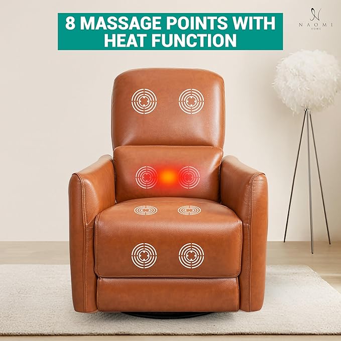 Naomi Home Willa Luxury Swivel Recliner Chair – Faux Leather Reclining Sofa for Living Room &amp Nursery with Lumbar Support Vibration Massage &amp Heating Function Caramel