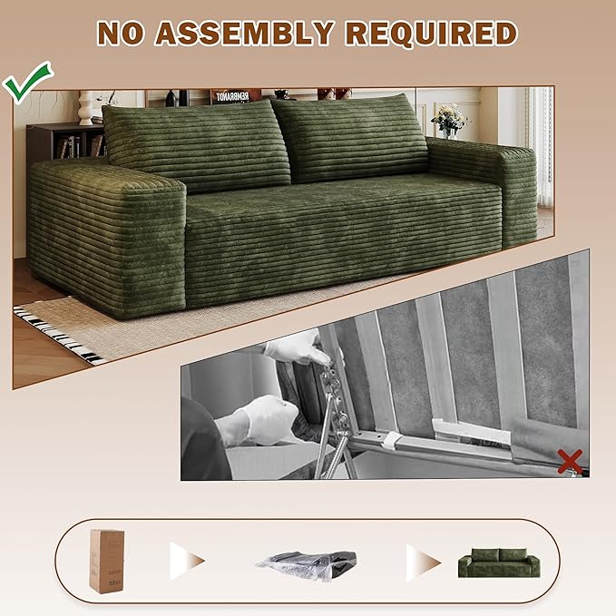 71 W Corduroy Boneless Couch 3-Seater Compression Sofa with Deep Seat No Assembly Required Comfy Loveseat Sofa with 2 Pillows Sofa Couches for Living Room/Apartment (Green 71 inch) | Breathable