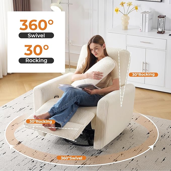 360° Swivel Glider Recliner Chair Oversized Rocker Recliner with Heating and Massage Glider Chair for Nursery with Pillow24 Extra Wide Rocking Chair for Living Room Corduroy Beige