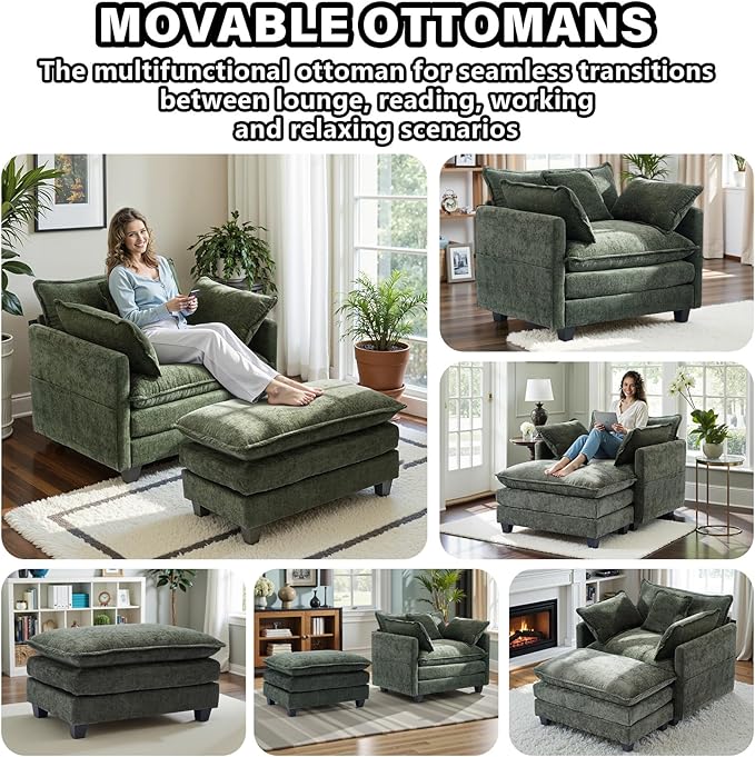 Oversized Accent Chair with OttomanChenille Sofa with Deep Seat and Upholstered Armrests Comfy Oversized ChairReading Chairs for BedroomLiving Room (Green)