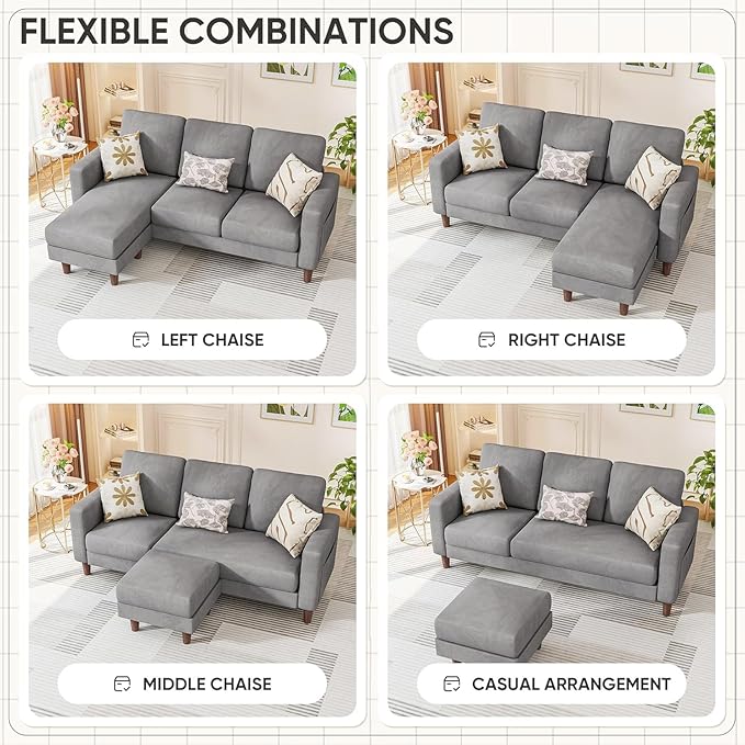 Homall Convertible Sectional Sofa 3 Seat L Shaped Couch with Side Storage Pocket Sofas with Movable Ottoman Small Linen Couches for Living Room &amp Apartment (Linen Fabric Light Grey)