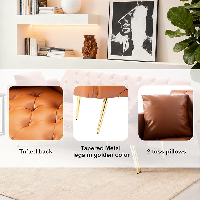 Anwick 72 Modern PU Leather Sofa Bed FutonConvertible Folding Sleeper Bed Couches with 3 Adjustable BackrestsTufted Recliner Loveseat with Golden Chrome Legs for Small Living Room Office (Brown)
