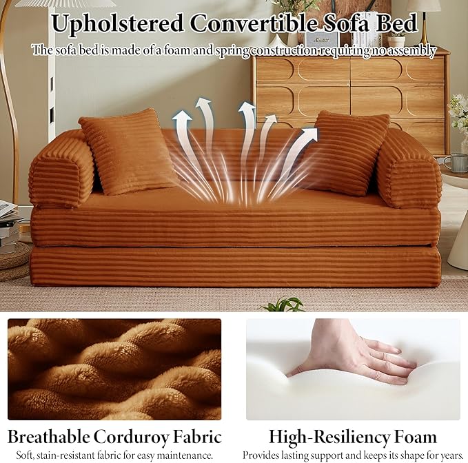Folding Convertible Sleeper Sofa Bed Corduroy Upholstered Boneless Couch with Pillows Modular Floor Sofa Compression Couch for Living Room No Assembly Required (Orange)