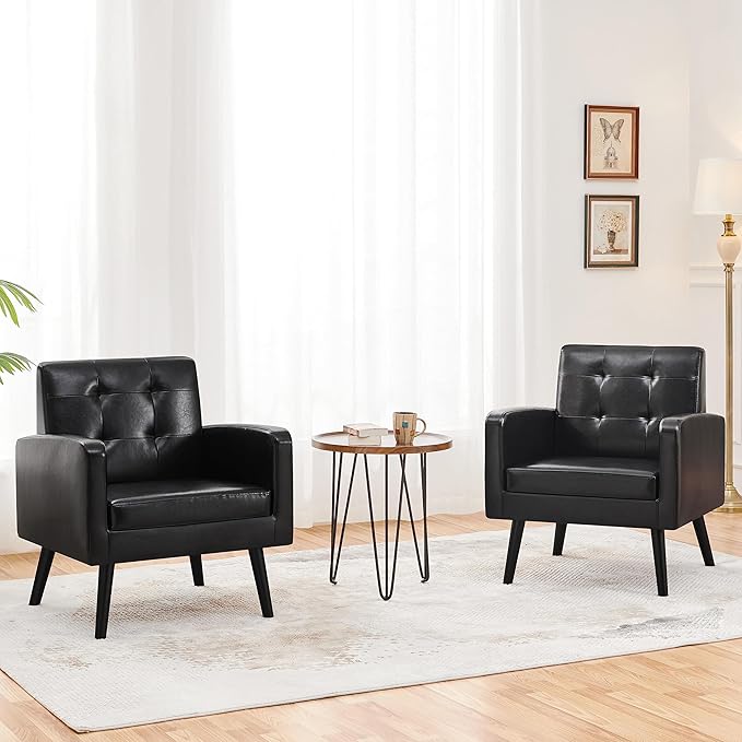 Topeakmart Mid Century Accent Chair Modern and Cozy PU Leather Barrel Sofa Chair with Thick Cushion and Sturdy Wood Legs for Living Room/Bed Room/Office Waiting Area Black
