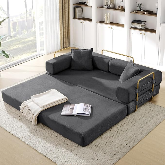 Convertible Folding Sofa Bed Corduroy Sleeper Mattress Couch with Fixed-Shape Frame Free Combination Loveseat Lounge Floor Sofa Queen Size Memory Foam Couch for Living Room Bedroom Dark Grey