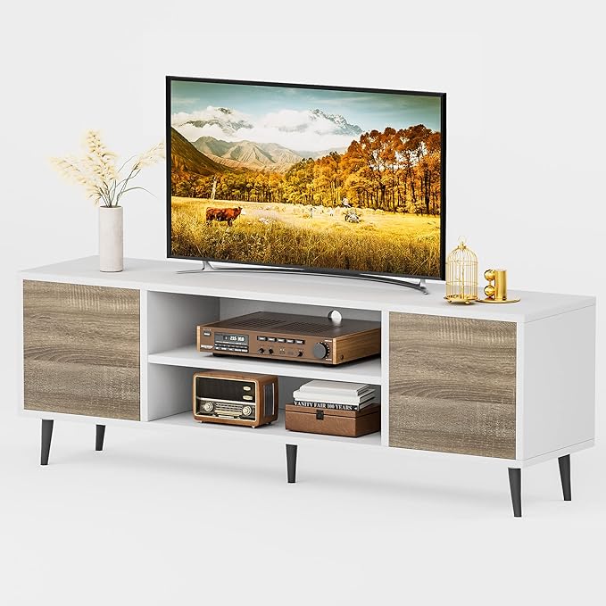 JUMMICO TV Stand for 65 Inch TV Mid Century Modern TV Stand Entertainment Center with Storage Cabinet and Open Shelves TV Console Table Media Cabinet for Living Room and Bedroom (Oak)