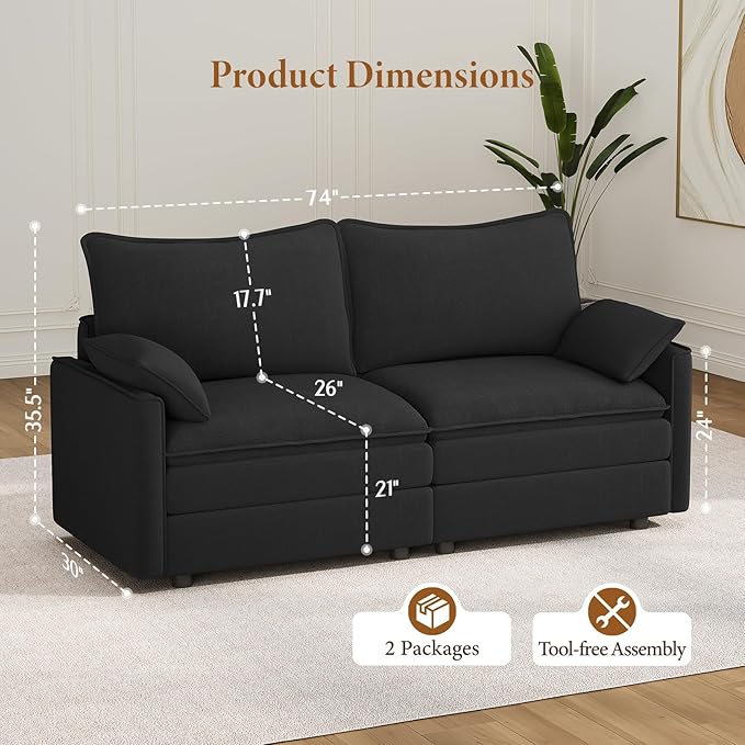 Vesgantti 74 Loveseat Sofa for Living Room Comfy Cloud Couch Deep Seat Chenille Modern 2 Seater Small Sofa with Armrest Pillow Easy Assembly for Small Spaces Black