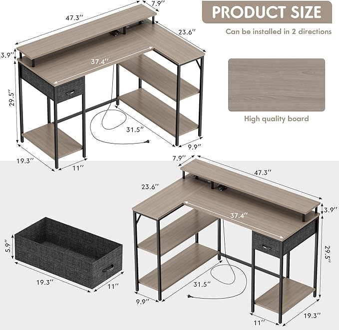 Homall L Shaped Gaming Desk with LED Lights &amp Power Outlets Reversible Computer Desk with Shelves &amp Drawer 47’’ Corner Desk Table with Monitor Stand Home Office Study Writing Table (Grey)