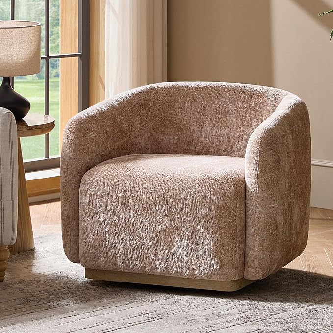 HULALA HOME Swivel Accent Chair with Solid Wood Base Chenille Curved Swivel Barrel Chair Modern Club Armchair Upholstered Single Sofa for Living Room No Assembly Required Sand