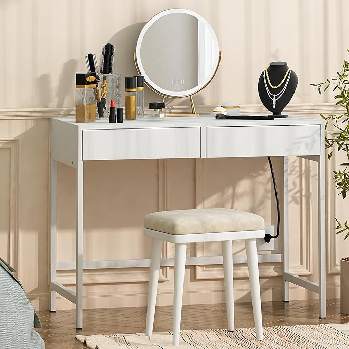 Treocho Computer Desk with USB Charging Ports and Power Outlets Modern Simple 40 inch White Desk with 2 Drawers Vanity Desk Makeup Table for Home Office Bedroom