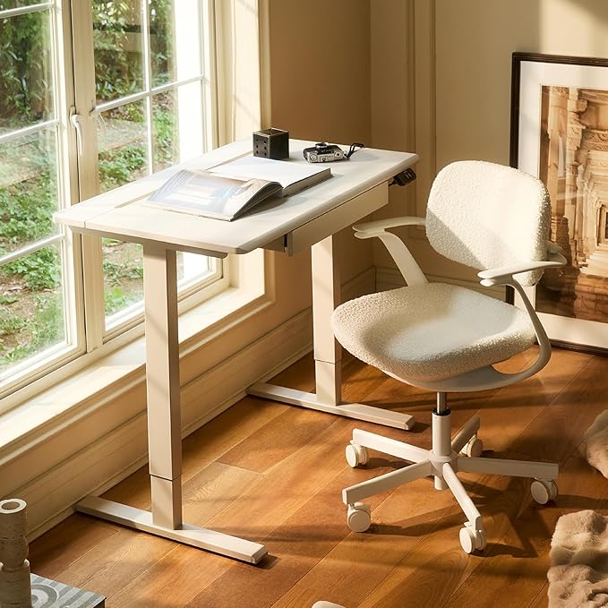 TopJob AnyDesk Hub Electric Standing Desk Height Adjustable Small Desk with Built-in Drawer &amp Wide Desktop Wire Slot &amp Cable Management Curved Waterfall Edge 2 Memory Settings (Cream)