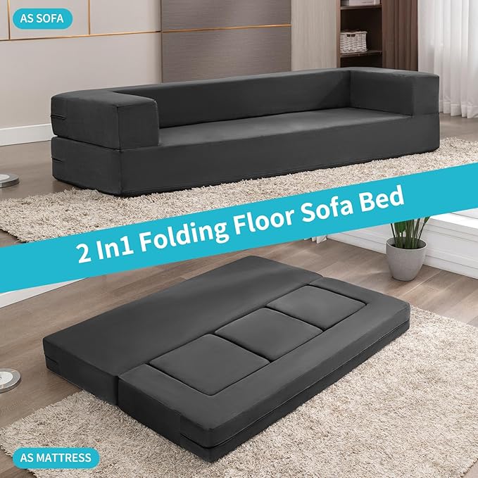 CECER 80 Convertible Floor Sofa BedFolding Sofa Bed with 3 OttomansVelvet Modular Sectional Futon SleeperFoldable Memory Foam Couch for Living Room/Guest Room/Playroom（Dark Grey）