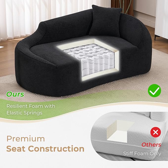DEINPPA Modern Chaise Lounge with Pillow Chenille Comfy Cloud Couch for Living Room Bedroom Apartment No Assembly Needed-Black | Lasting Support