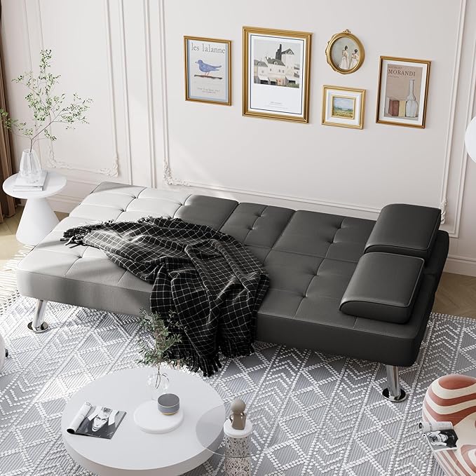 Shahoo Convertible Folding Futon Sofa Bed Sleeper Couch for Living Room Faux Leather Upholstered Loveseat w/Removable Armrests Metal Legs 2 Cup Holders Gray