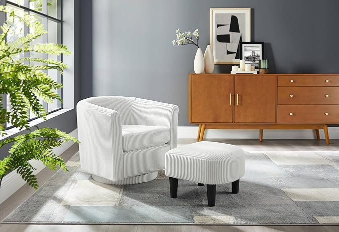 360° Swivel Accent Chair with Ottoman - Comfy Corduroy Recliner Armchair Single Sofa for Living Room &amp Bedroom (White)