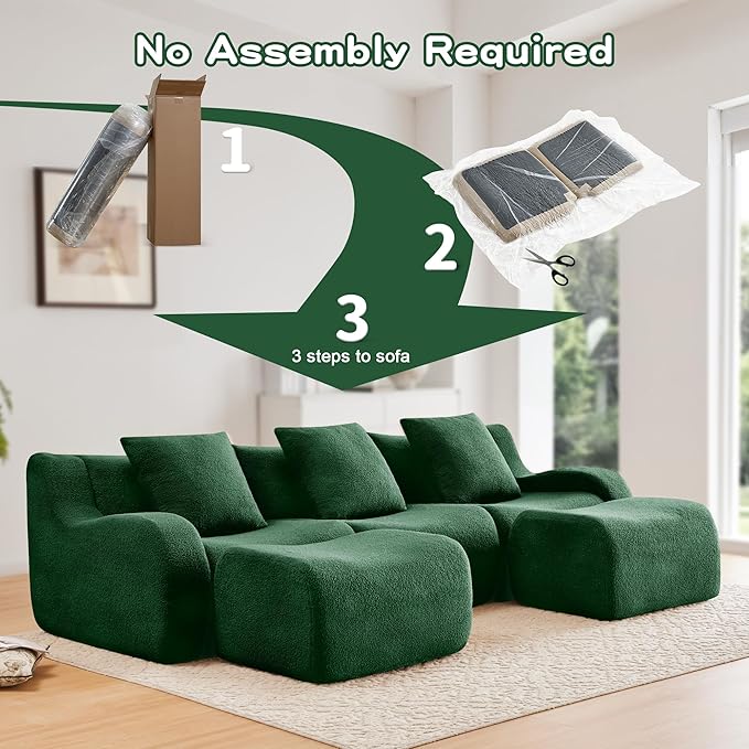 Modular Sectional Sofa for Living Room 115.3 U-Shaped Cloud Couch with 2 Ottoman 3-Seat Teddy Fabric Boneless Sofa Deep Seat Curved ArmrestStreamlined Ergonomic Design No Assembly