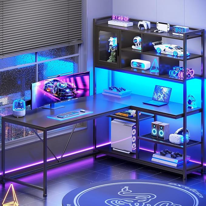 SEDETA L Shaped Computer Desk 58'' Office Desk with LED Light and Bookshelf L Shaped Corner Desk with Storage Shelves for Home Office Gaming Desk L Desk Black