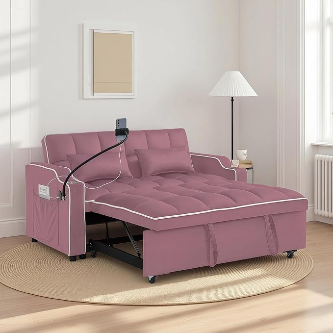 Loveseat Pull Out Couch 3 in 1 Convertible Sofa Bed Adjustable Backrest with Phone Holder Side Pocket &amp USB Port Modern Sofa for Living Room Bedroom Apartment (Pink)