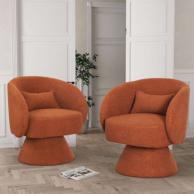 Swivel Barrel Chair Set of 2 Upholstered Swivel Cuddle Accent Chairs for Living Room Comfy 360°Small Round Boucle Sherpa Barrel Armchair for Bedroom Nursery (CaramelTeddy)