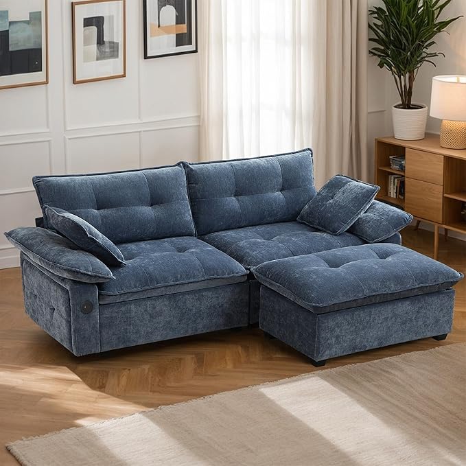 89 Modular Sectional Sofa Comfy Cloud Couch with Movable Ottoman Chenille Sectional Deep Seat Sofa with Throw Pillows/USB Ports for Living Room Office and Apartment (Blue)