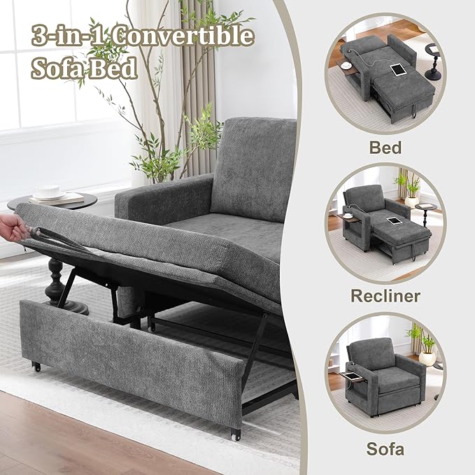 3 in 1 Folding Convertible Sleeper Sofa Bed Pull Out Couch with Side PocketsUSB PortSide TableLoveseat Sofa Bed with Adjustable Backrest for Living Room Bedroom 66 Darkgrey 1 SEAT