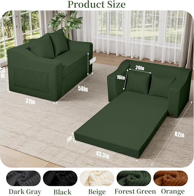 MeMoreCool Convertible Sofa Bed Pull Out Loveseat Sofa Sleeper Couch for Bedroom Living Room Lounge 2 in 1 Small Couch Bed with Pillow Foldable Love Seat Futon Corduroy Green