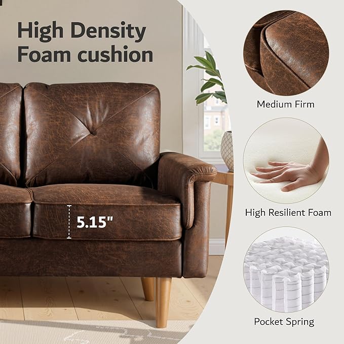 ovios Luxury 3 Seater Sofa with Faux LeatherMid-Century Modern Couch with Comfortable ArmrestComfy Couches with Deep SeatSmall Sofas for Living Room Bedroom (Dark Brown)