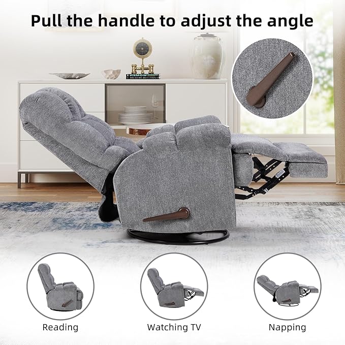 CANMOV Swivel Rocker Recliner for Adults Glider Rocking Reclining Chair for Nursery Manual Recliner Chair with Overstuffed Back and Arms for Living Room Bedroom Nursery Grey