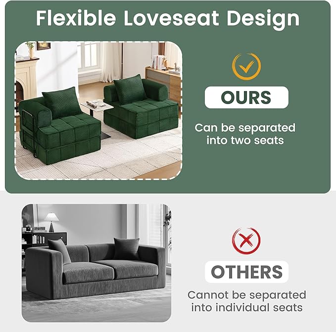 6-in-1 Convertible Sleeper Sofa Bed Corduroy Folding Mattress Couch with Fixed-Shape Frame Modular Foldable Boneless Couch Loveseat Couches with 2 Pillows for Living Room Bedroom Green