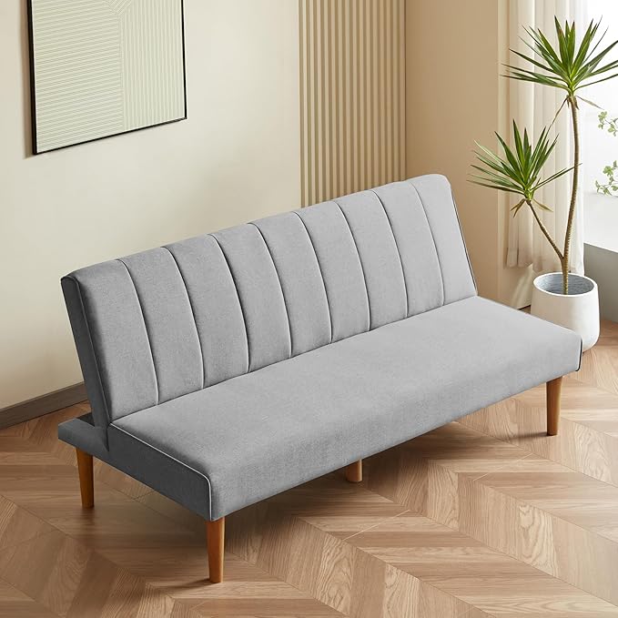 HomePop Upholstered Bergen Convertible Futon Sofa Bed Modern Sofa Couches for Living Room Small Spaces Dorm Apartment Gray Woven