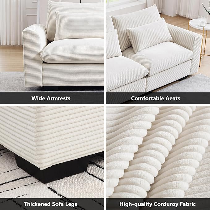 Oversized Modular Sectional Sofa 51 Inch Single Seat Sofa Corduroy Deep Seat Comfy Couch Armchair with Waist Pillow for Living Room Apartment Beige