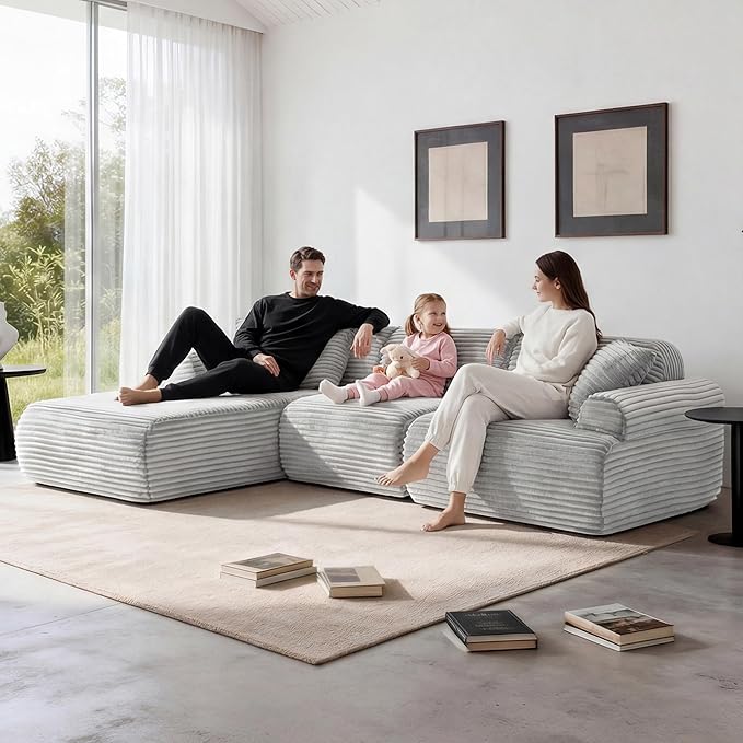 105”Cloud Couch Sectional Sofa Modular Boneless Sofa for Living Room and Apartments Deep Seat Corduroy L Shape Couch with Removable Washable Covers (Light Gray 3 Seater+Left Facing Chaise)