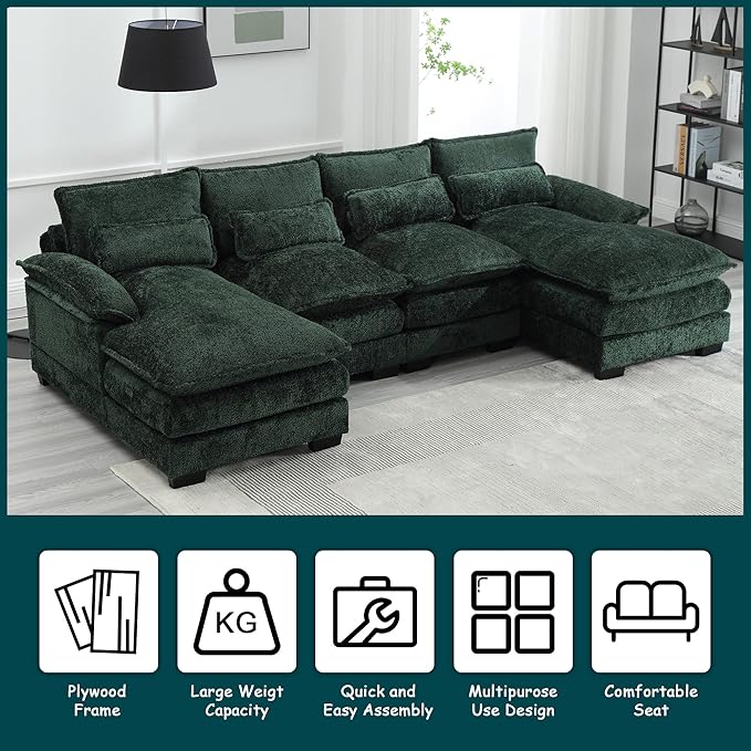 QQU 110.63 W U-Shape Modern Sectional Sofa Couch with Plastic Leg Upholstery Chenille Modular Sectional Sofa Bed with Memory Foam Large Sleeper Couch Chaise Lounges for Living Room(Emerald)