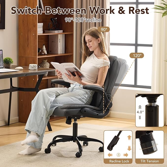 YFO Leather Office Chair Ergonomic Home Office Desk Chair Back Support Swivel Executive Office Chair with Wheels and Flip-Up Armrests Small Gaming Chair with Adjustable Rocking Function Grey