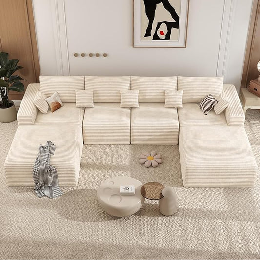 146 Modular Sectional Sofa Convertible U-Shaped Cloud Couches for Living Room with Ottoman 6 Seater Corduroy Boneless Couch Sofa Set No Assembly Required Beige 1 PCS