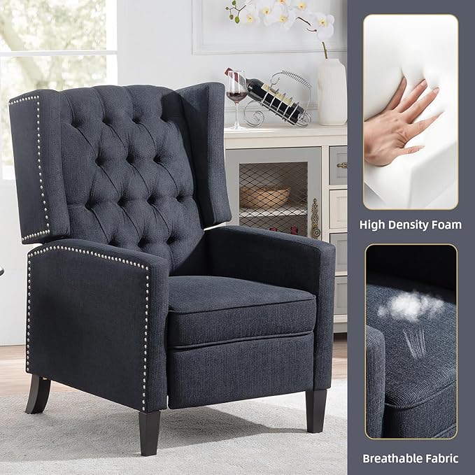 Wing Back Recliner Chair for Living Room Push Back Reclining Chairs Club Accent Chair Lounge Armchair Comfy Fabric Arm Chair with Rivet Decoration Tufted Back Solid Wood Legs Black