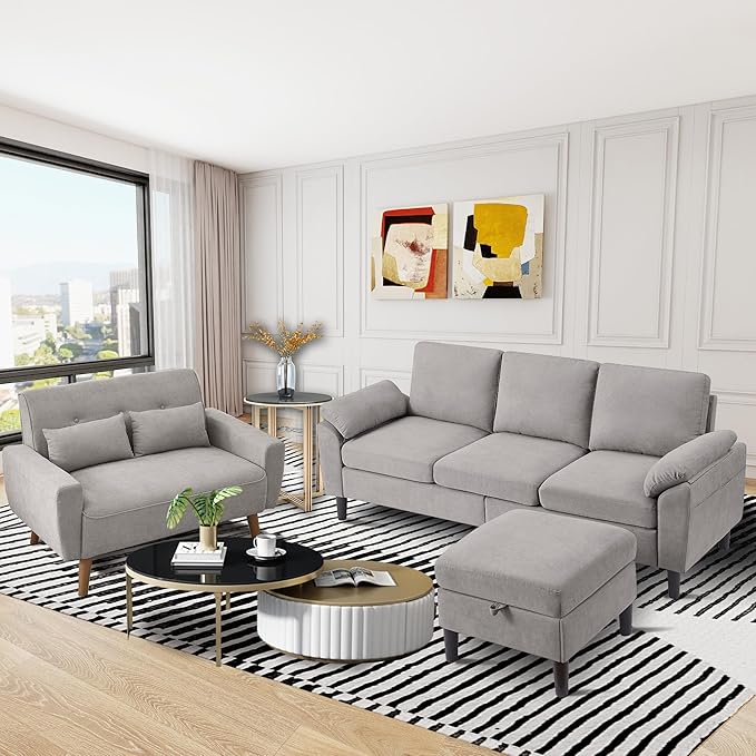 2 Piece Sectional Sofa Set 3-Seater L Shaped Couch with Storage Ottoman 2 Seat Loveseat Comfy Sofa Set Polyester Fibre for Living Room Light Grey