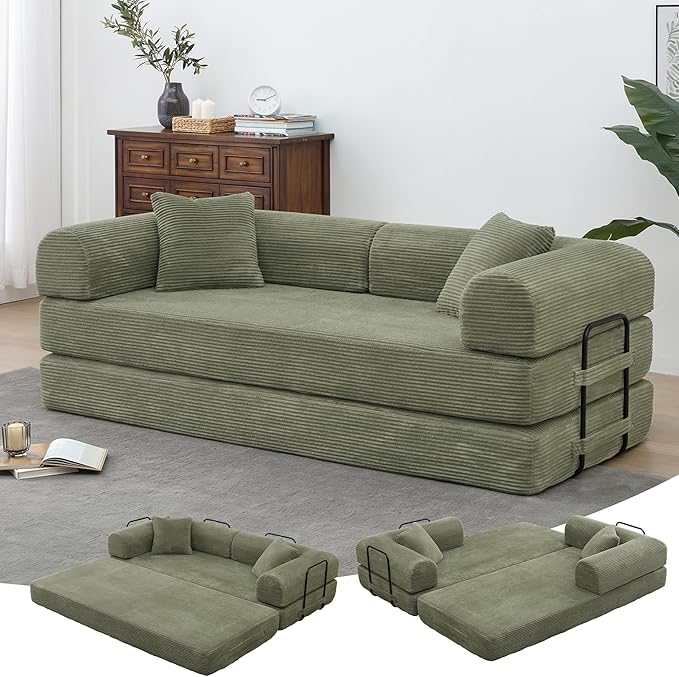 Convertible Folding Sofa BedFold Out Floor Sofa Couch with Fixed-Shape FrameCorduroy Foldable Mattress Cloud Couch for Living Room Bedroom (Light Green 78 Inch)
