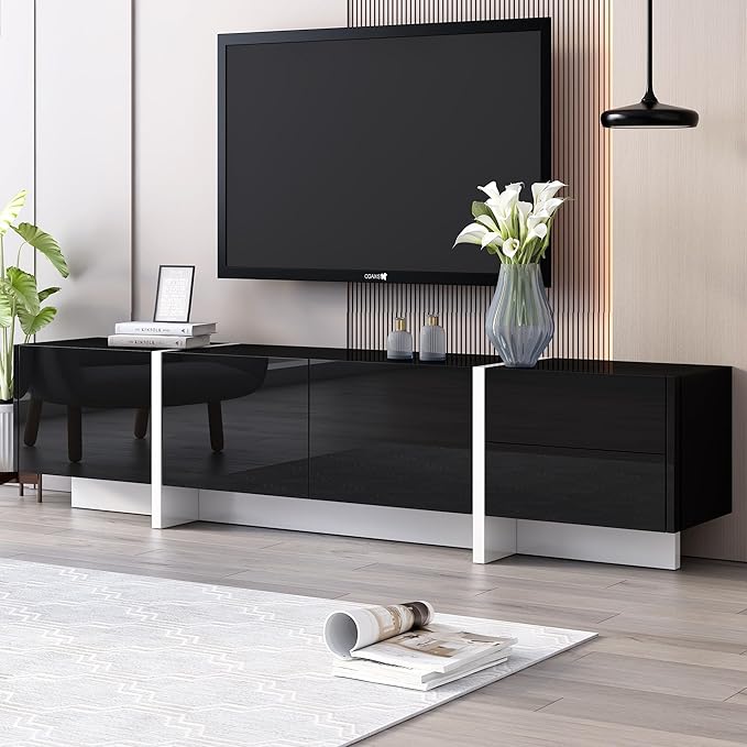 Merax Contemporary Rectangle Design TV Stand for Television Up to 80 Unique Style Console Table Modern Storage Cabinet with High Gloss UV Surface for Living Room Black