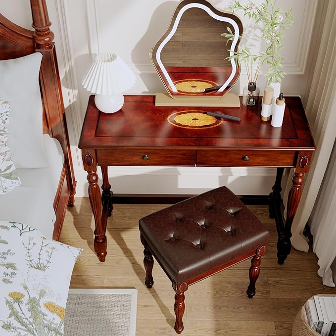 Solid Wood Computer Writing Desk with 2 Storage Drawers Traditional Vanity Dressing Table Small Home Office Desk Corner Table Easy Assembly 39.37” x 15.74” x 30.9” Cherry Red Walnut SSZ1533WD