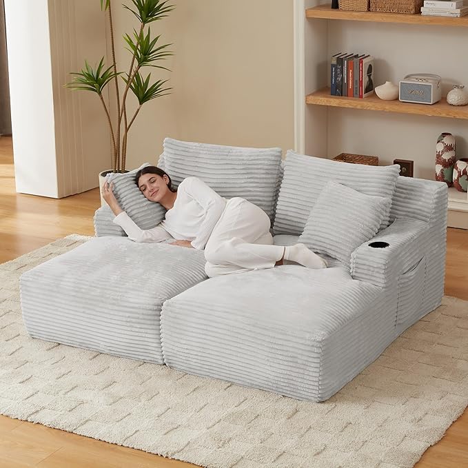 Double Chaise Lounge Sofa Boneless Cloud Couch Bed with Cup Holders and Side Pockets Comfy Deep Seat Sleeper Sectional Loveseat Chair for Living Room (Light Grey 2 Seat)