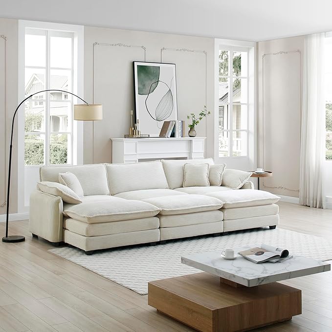 115.34 in Modular Sectional Couch 3 Seat Extra Deep Corduroy Sofa with 3 Ottoman Footrests 2 Arm Pillows &amp 3 Throw Pillows Upholstered Comfy Couches for Living Room Bedroom Apartment Beige
