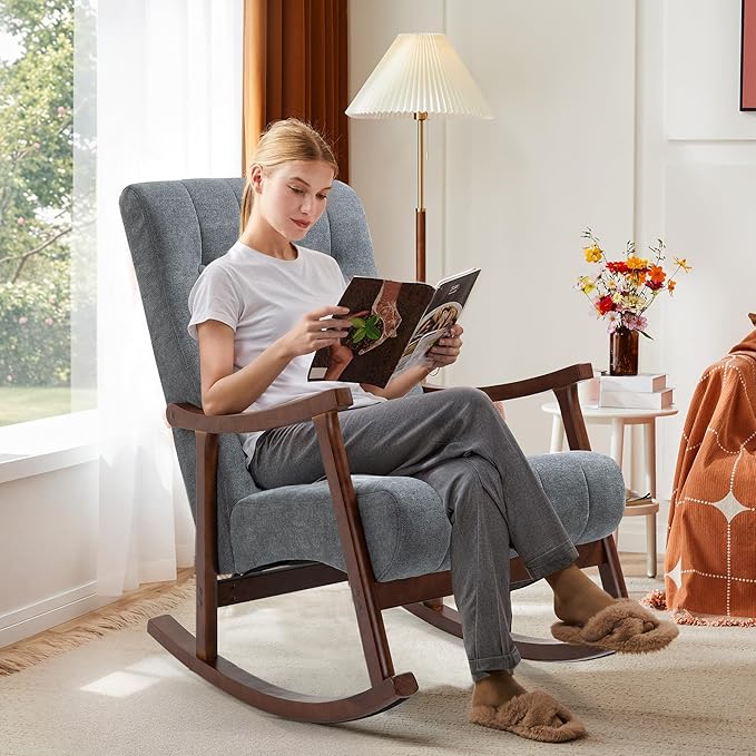 AVAWING Upholstered Rocking Chair with Fabric Padded Seat Comfortable Rocker Solid Wood for Living Room Modern High Back Armchair for Adult Dark Grey