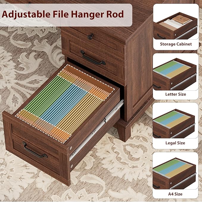 IDEALHOUSE Rustic Wood Double Desk with Built-in Charging Station &amp 4 File Drawers Spacious 2-Person Writing Table for Home Office Heavy-Duty Dual Workstation for Study &amp Work Brown